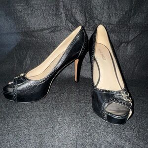 Nine West Black Leather Hidden Platform Stiletto Peeptoe Pump Shoes Heels Size 7
